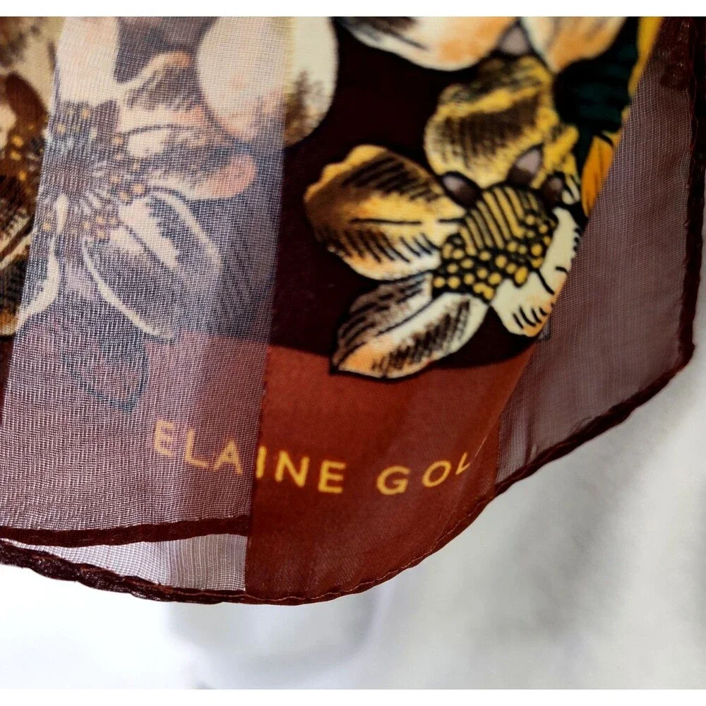 Elaine Gold Brown Floral Sheer Roses Long Vintage Chic 52